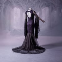 Image 5 of Gothic Mermaid Dress: Purple Black Lace & Sparkling Guipure with Glass Gems, Bell Sleeves