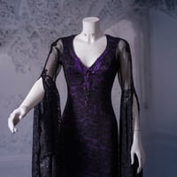 Image 3 of Gothic Mermaid Dress: Purple Black Lace & Sparkling Guipure with Glass Gems, Bell Sleeves