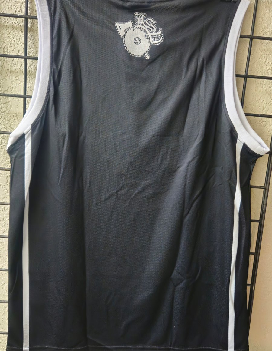 Image of BLOODY RUCKUS: 2024 BLACK / WHITE STRIPE LOGO BASKETBALL Jersey 