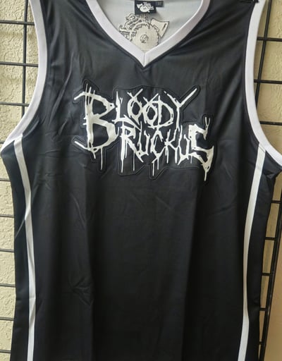 Image of BLOODY RUCKUS: 2024 BLACK / WHITE STRIPE LOGO BASKETBALL Jersey 