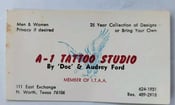 Image of original antique doc audrey ford ft. worth TX texas tattoo business card 2x3.5