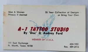 Image of original antique doc audrey ford ft. worth TX texas tattoo business card 2x3.5