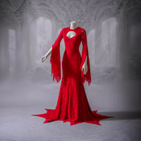 Image 4 of Red Lace Gothic Mermaid Wedding Dress with Bat Sleeves, Long Train, with  Gothic Collar 