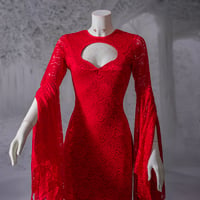 Image 5 of Red Lace Gothic Mermaid Wedding Dress with Bat Sleeves, Long Train, with  Gothic Collar 