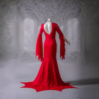 Image 6 of Red Lace Gothic Mermaid Wedding Dress with Bat Sleeves, Long Train, with  Gothic Collar 