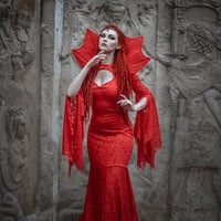 Image 2 of Red Lace Gothic Mermaid Wedding Dress with Bat Sleeves, Long Train, with  Gothic Collar 