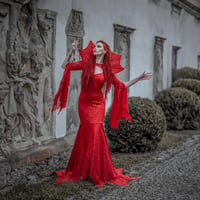 Image 3 of Red Lace Gothic Mermaid Wedding Dress with Bat Sleeves, Long Train, with  Gothic Collar 