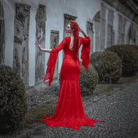 Image 2 of Red Lace Gothic Mermaid Wedding Dress with Bat Sleeves, Long Train