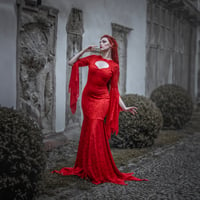 Image 1 of Red Lace Gothic Mermaid Wedding Dress with Bat Sleeves, Long Train