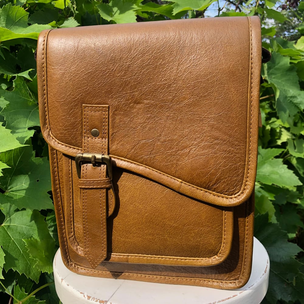 Image of Handmade Leather ManBag Rustic  Green/Brown Buffalo -Shaped Front