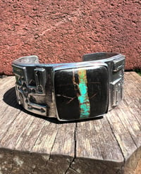 Image 1 of WL&A Handmade Heavy Ingot Whirling Log Black Jack Turquoise Cuff - Size to 7.25 to 7.5" - 155grams