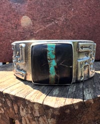 Image 2 of WL&A Handmade Heavy Ingot Whirling Log Black Jack Turquoise Cuff - Size to 7.25 to 7.5" - 155grams