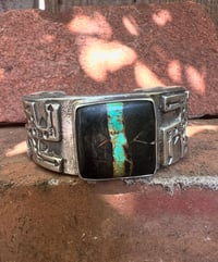 Image 6 of WL&A Handmade Heavy Ingot Whirling Log Black Jack Turquoise Cuff - Size to 7.25 to 7.5" - 155grams