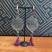 Image 3 of Silver plated beaded Sri Yantra tassel ear weights 