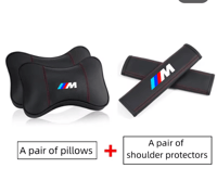Image 2 of 4pcs BMW M PU leather headrest pillows and seat belt pads
