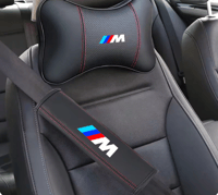 Image 1 of 4pcs BMW M PU leather headrest pillows and seat belt pads