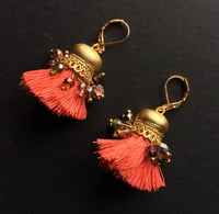 Image 5 of Gold plated coral red beaded Afghan tassel earrings 