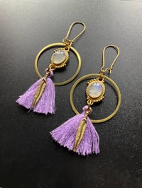 Image 4 of Moonstone cabochon and cotton tassel earrings