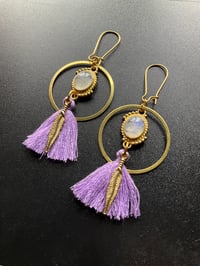 Image 4 of Moonstone cabochon and cotton tassel earrings 