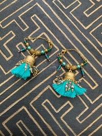 Image 1 of Gold plated blue beaded Afghan tunnel earrings