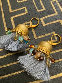 Image 2 of Gold plated grey rainbow afghan beaded tassel earrings