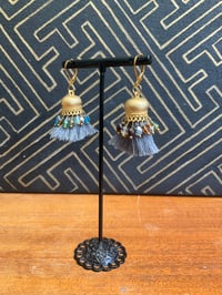 Image 4 of Gold plated grey rainbow afghan beaded tassel earrings 