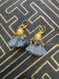 Image 1 of Gold plated grey rainbow afghan beaded tassel earrings 