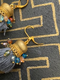 Image 3 of Gold plated grey rainbow afghan beaded tassel earrings