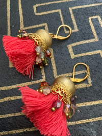 Image 2 of Gold plated coral red beaded Afghan tassel earrings 