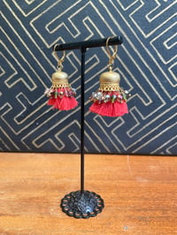 Image 4 of Gold plated coral red beaded Afghan tassel earrings 