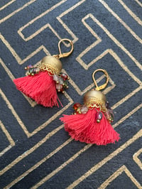 Image 1 of Gold plated coral red beaded Afghan tassel earrings 