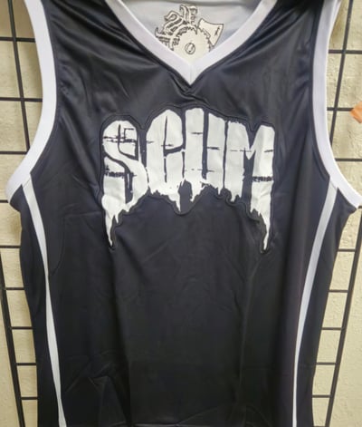 Image of SCUM : 2024 BLACK / WHITE STRIPE LOGO BASKETBALL Jersey 