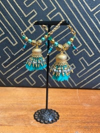 Image 3 of Gold plated blue beaded Afghan tunnel earrings