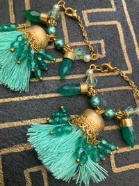 Image 2 of Gold plated mint green beaded Afghan tassel tunnel earrings