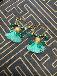 Image 1 of Gold plated mint green beaded Afghan tassel tunnel earrings