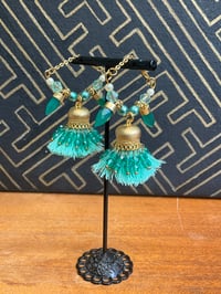 Image 3 of Gold plated mint green beaded Afghan tassel tunnel earrings