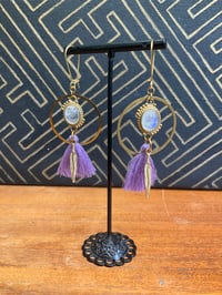 Image 3 of Moonstone cabochon and cotton tassel earrings