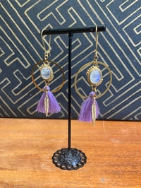 Image 3 of Moonstone cabochon and cotton tassel earrings 