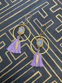 Image 1 of Moonstone cabochon and cotton tassel earrings