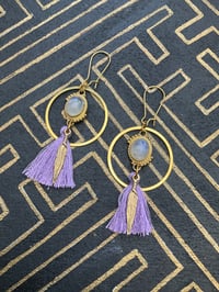 Image 1 of Moonstone cabochon and cotton tassel earrings 