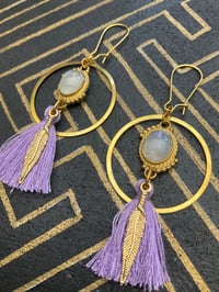 Image 2 of Moonstone cabochon and cotton tassel earrings 