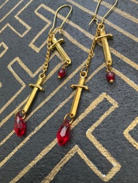 Image 2 of Yellow brass blood drop dagger earrings 