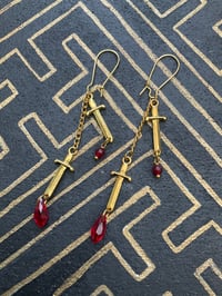 Image 1 of Yellow brass blood drop dagger earrings 