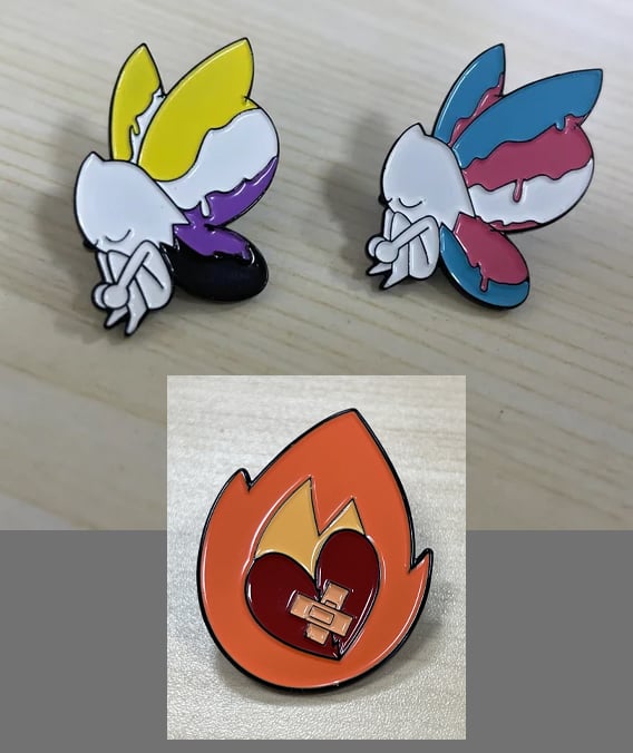 Image of Trans & Nonbinary fairies AND Flaming Heart soft enamel pins!