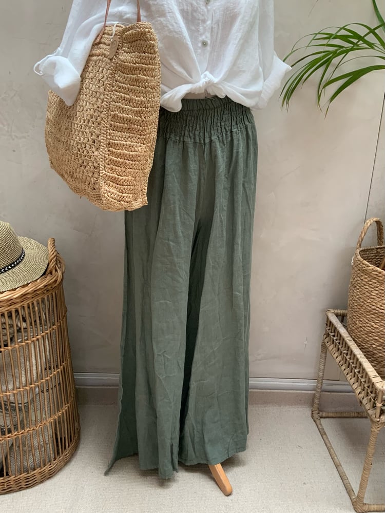 Image of Pantalon en lin palazzo kaki