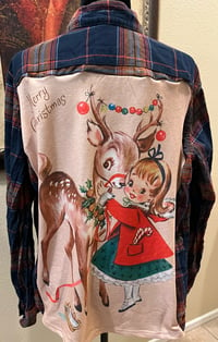 Vintage Navy/Orange Flannel Shirt Little Girl & Reindeer