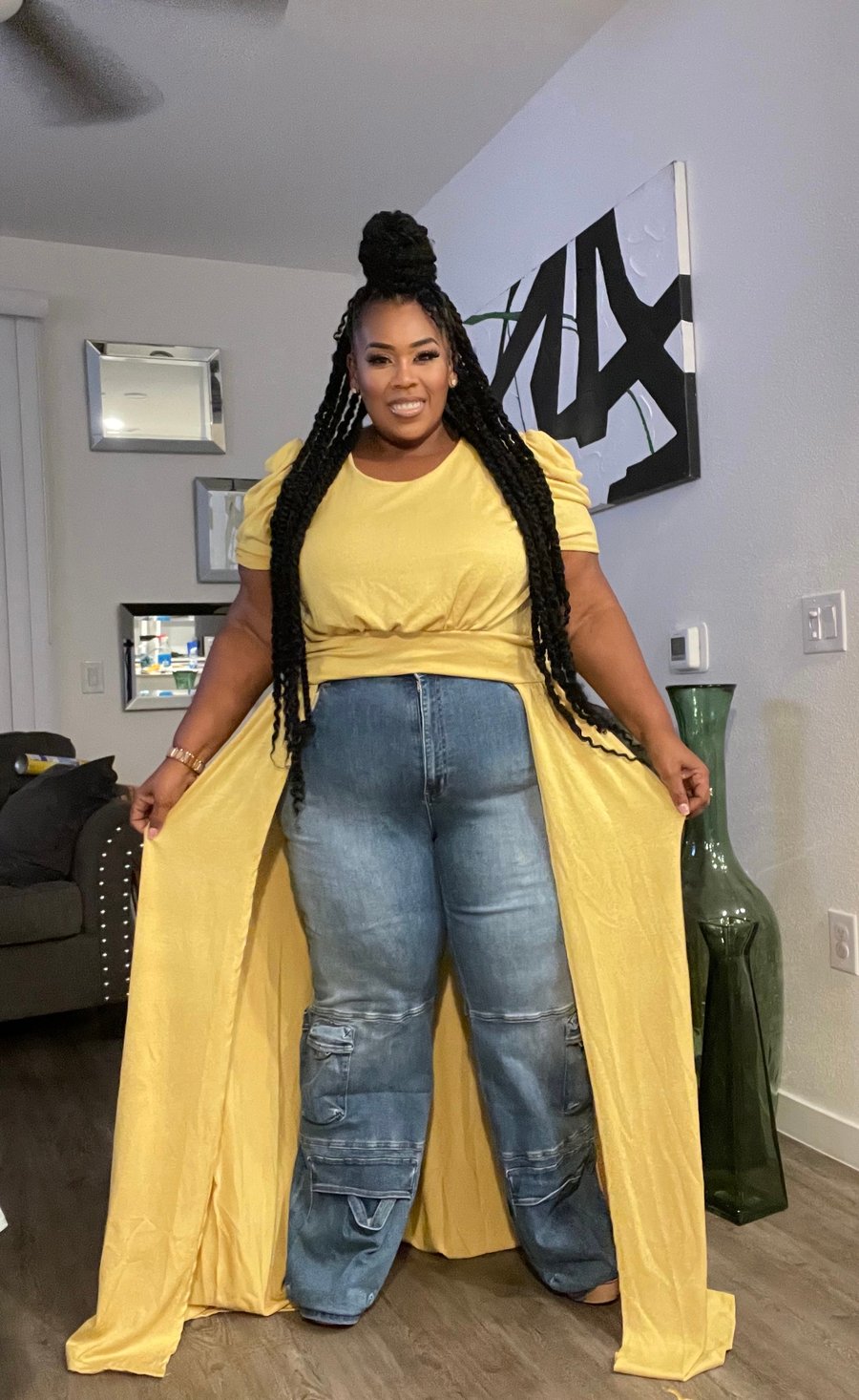 Image of 3PACK PLUS SIZE LONG FLARE FRONT PUFF SHOULDER TOP-YELLOW