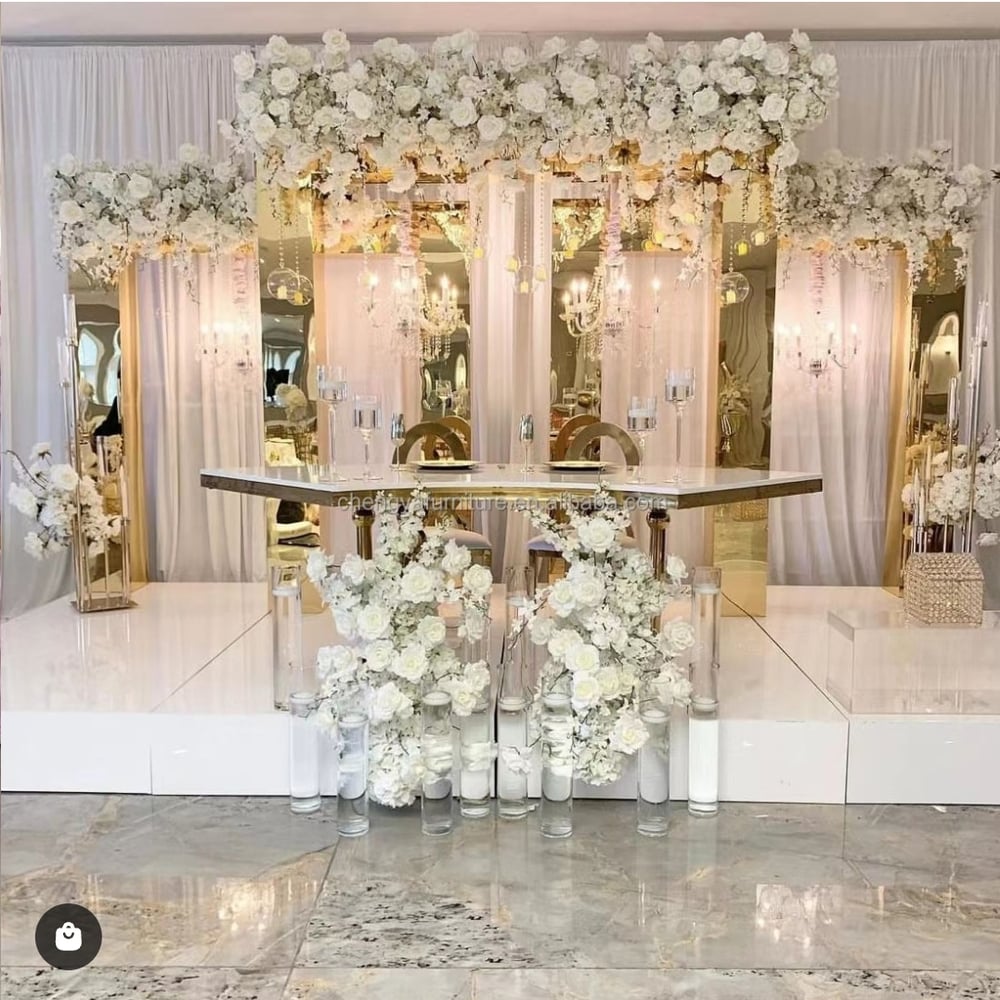 Image of Wedding stage design  Silk flower gold metal backdrop set