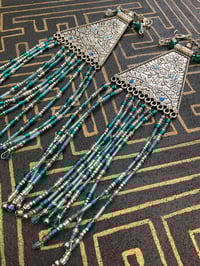 Image 2 of Extra long blue statement beaded fringe tunnel earrings