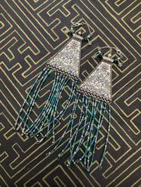 Image 1 of Extra long blue statement beaded fringe tunnel earrings